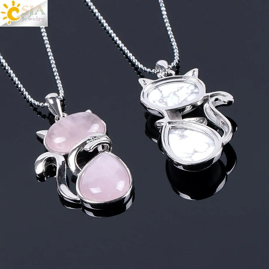 Cat Shape Natural Stone Necklaces With Beads Chain - High Trend Coture