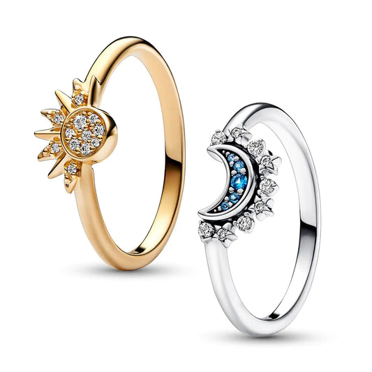 Celestial Blue Sparkling Moon And Sun Rings - High Trend Coture