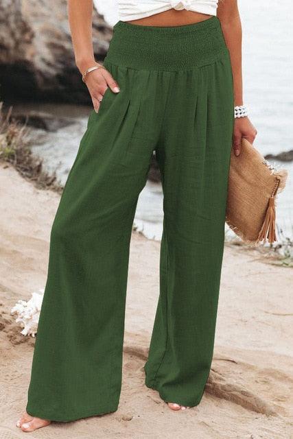 Pantalon de lino largo con bolsillos para mujer - High Trend Coture