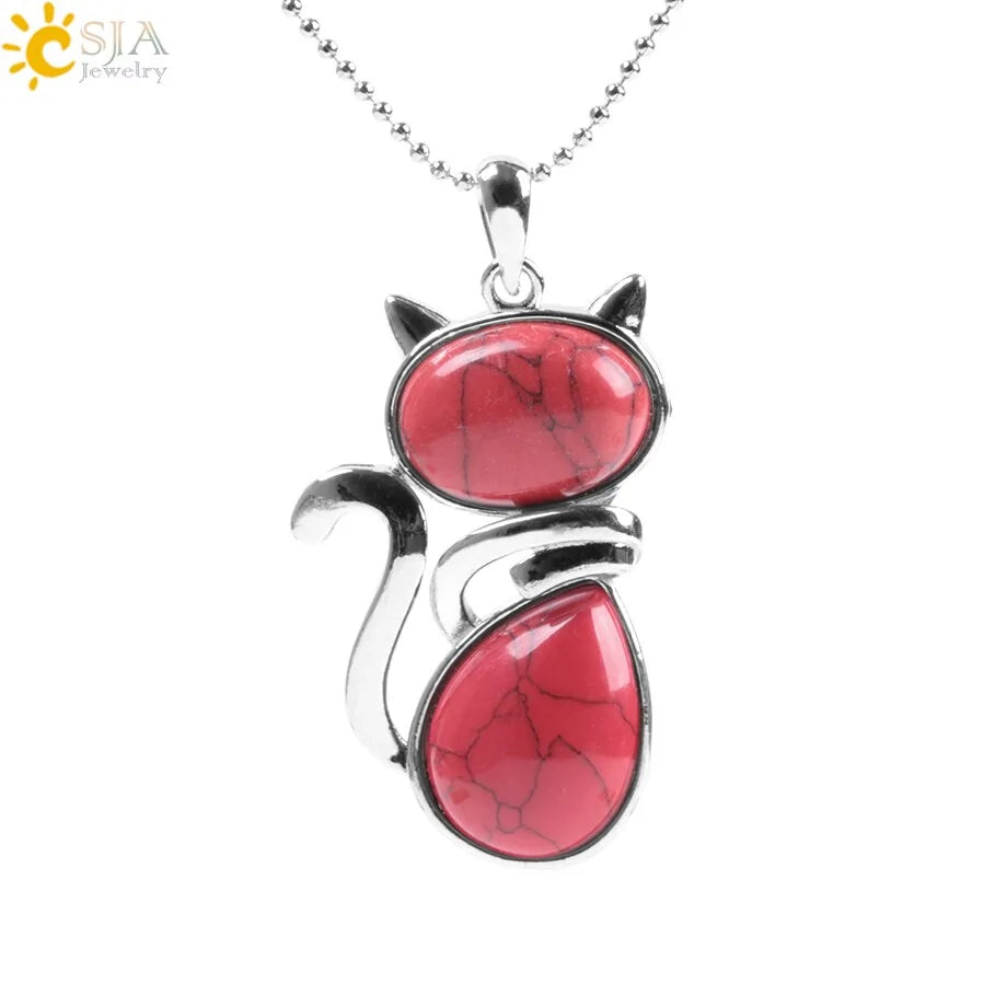 Cat Shape Natural Stone Necklaces With Beads Chain - High Trend Coture