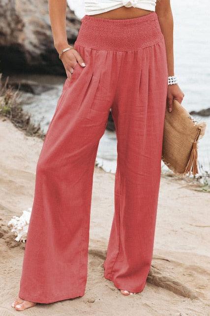 Pantalon de lino largo con bolsillos para mujer - High Trend Coture