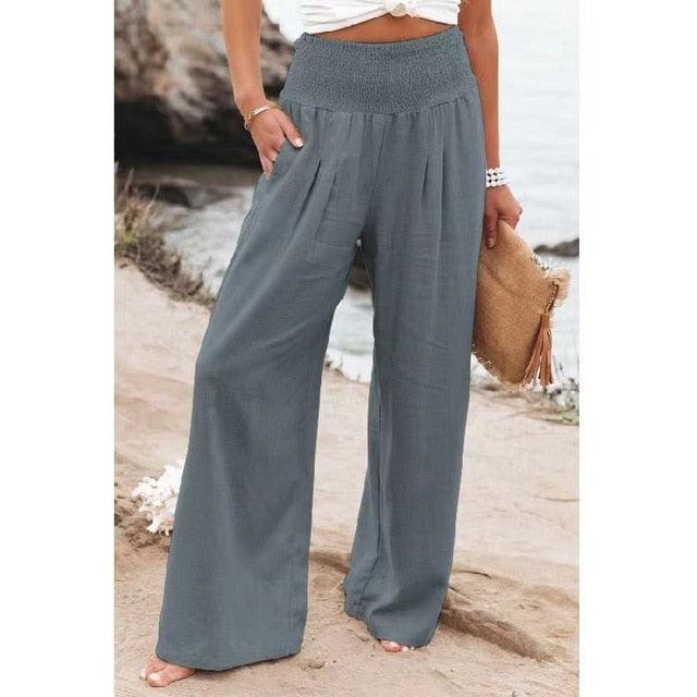 Pantalon de lino largo con bolsillos para mujer - High Trend Coture