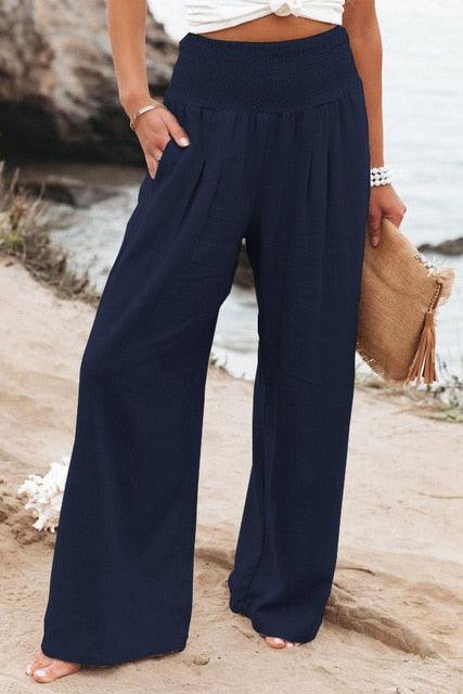 Pantalon de lino largo con bolsillos para mujer - High Trend Coture