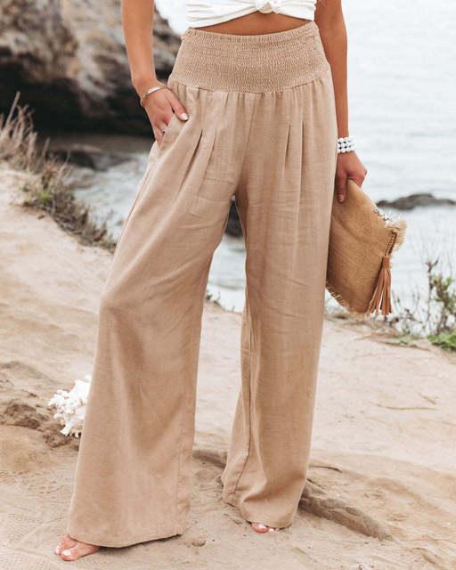 Pantalon de lino largo con bolsillos para mujer - High Trend Coture