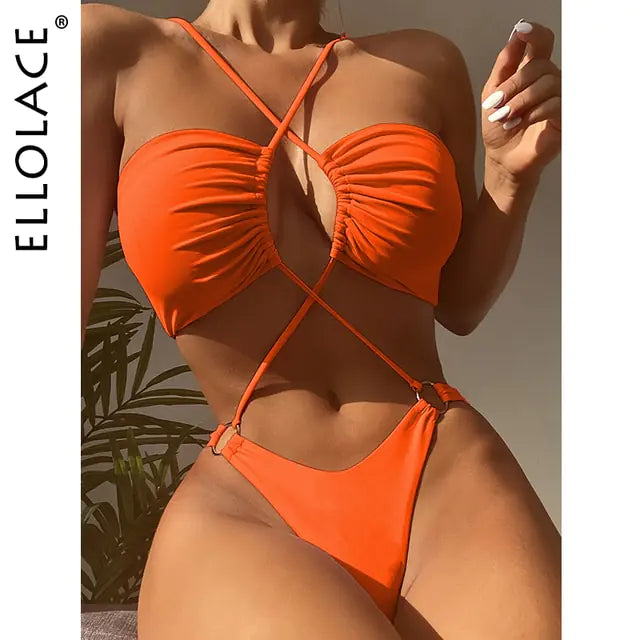 Bikini de Una Pieza con Cuello Halter Cruzado - High Trend Coture