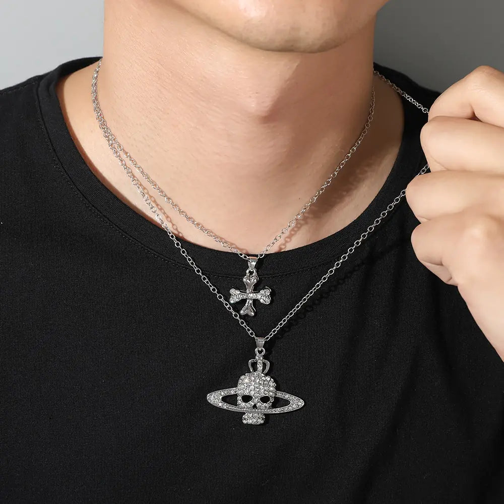 Skull Cross Saturn Necklace - High Trend Coture