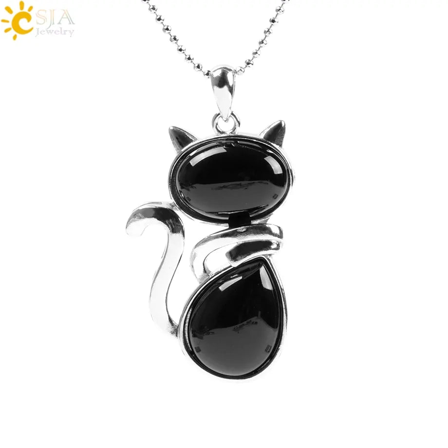 Cat Shape Natural Stone Necklaces With Beads Chain - High Trend Coture