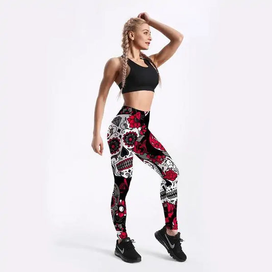 Leggings con Estampado de Calavera Mexicana Roja - High Trend Coture