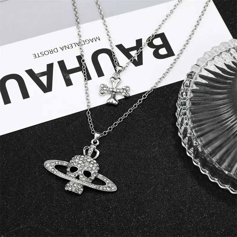 Skull Cross Saturn Necklace - High Trend Coture