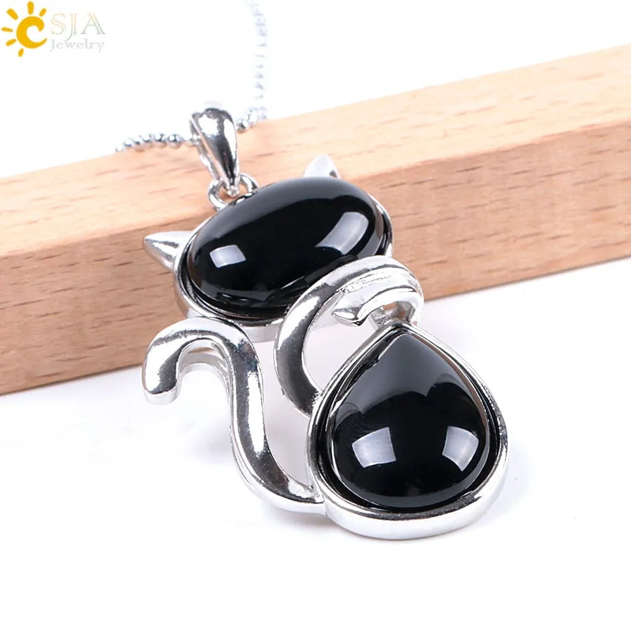 Cat Shape Natural Stone Necklaces With Beads Chain - High Trend Coture