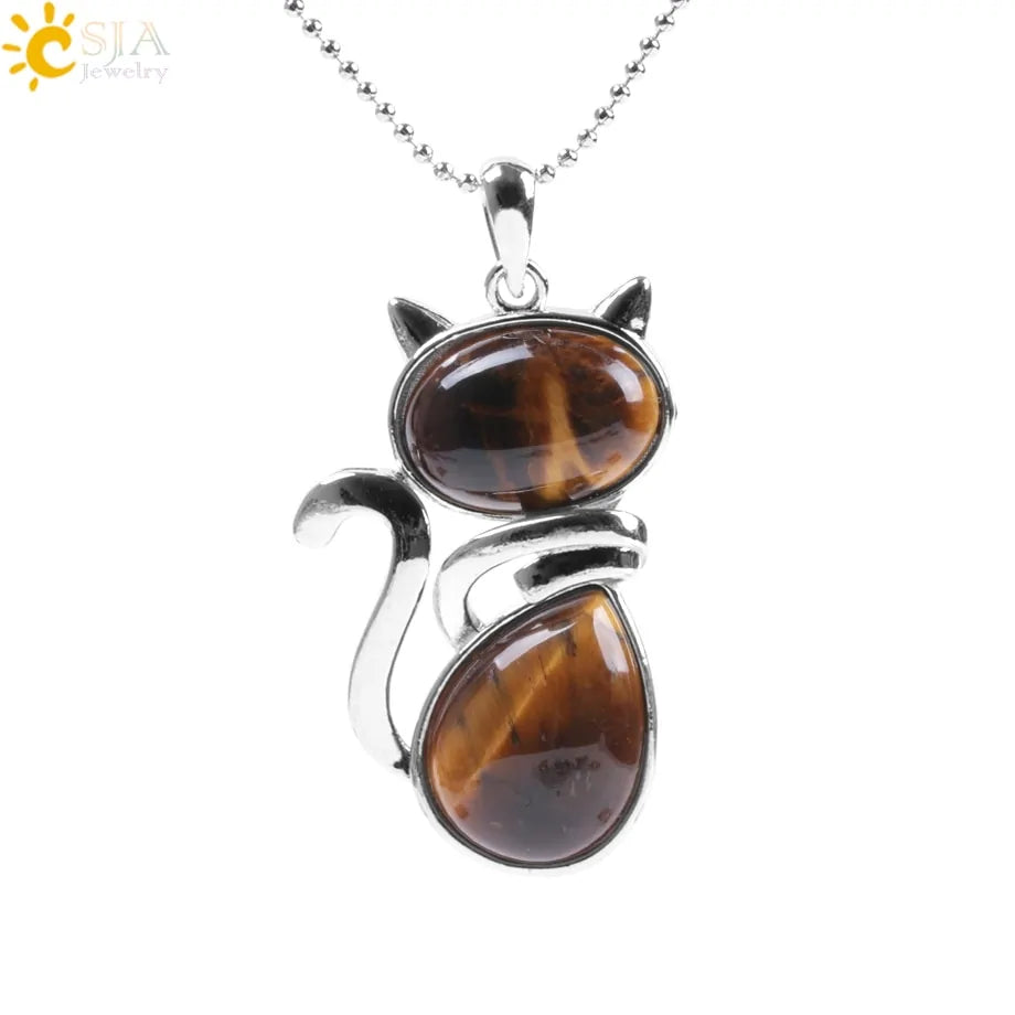 Cat Shape Natural Stone Necklaces With Beads Chain - High Trend Coture