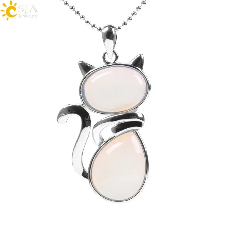 Cat Shape Natural Stone Necklaces With Beads Chain - High Trend Coture