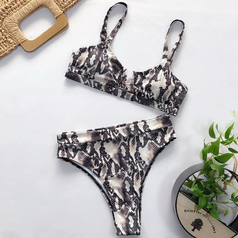 Conjunto de Bikini de Cintura Alta Estampado Leopardo y Serpiente - High Trend Coture