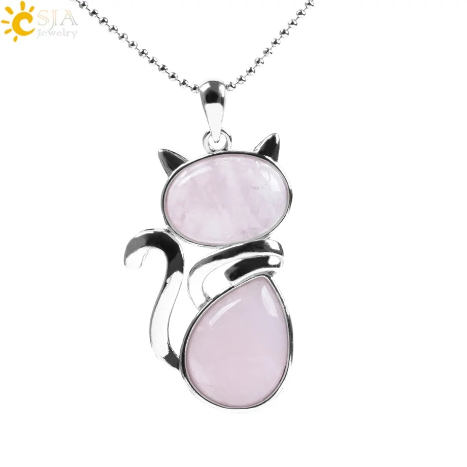 Cat Shape Natural Stone Necklaces With Beads Chain - High Trend Coture