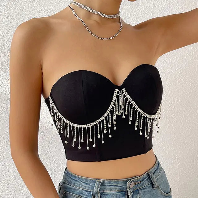 Top Bustier Negro con Pedrería Brillante - High Trend Coture