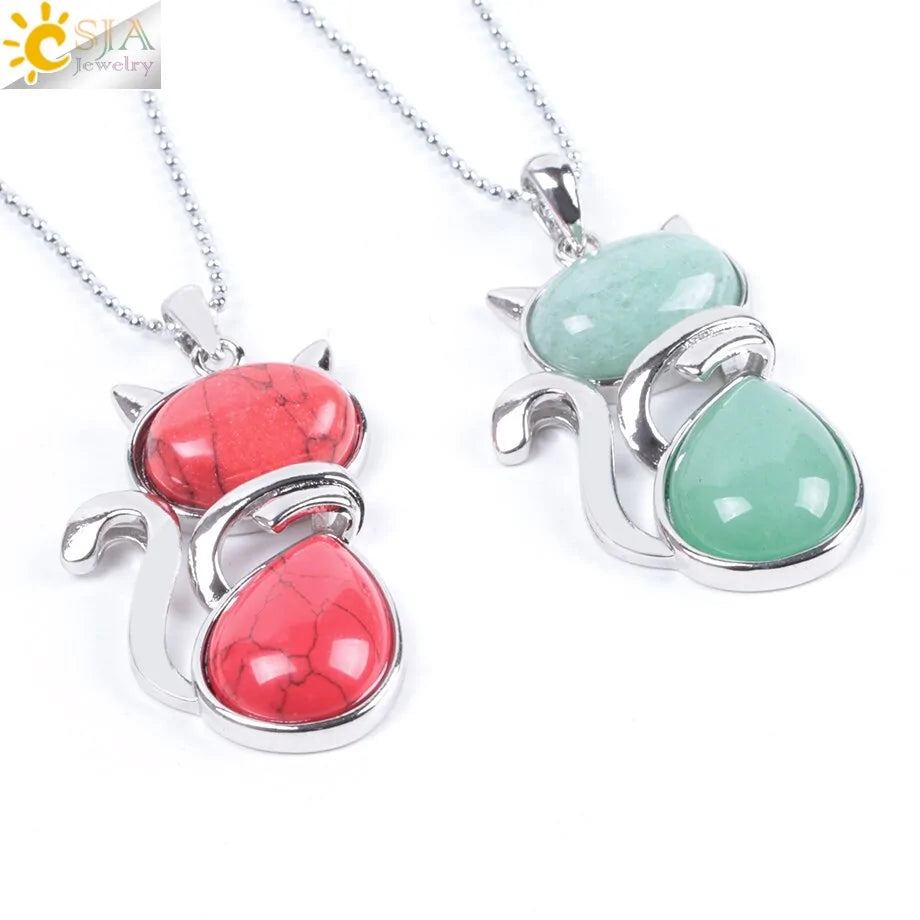 Cat Shape Natural Stone Necklaces With Beads Chain - High Trend Coture