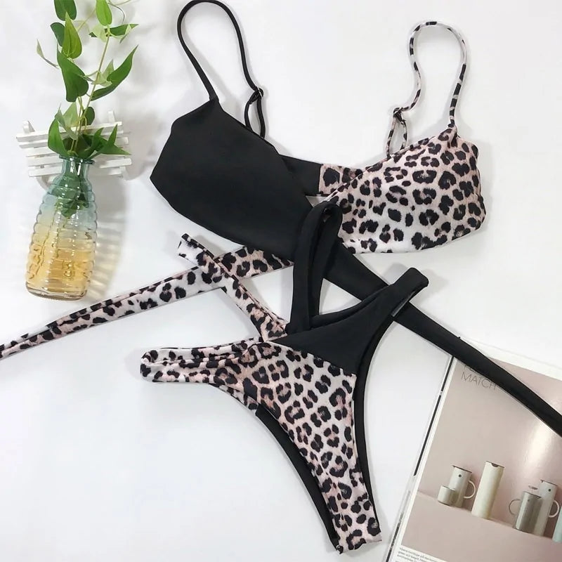 Conjunto de Bikini de Cintura Alta Estampado Leopardo y Serpiente - High Trend Coture