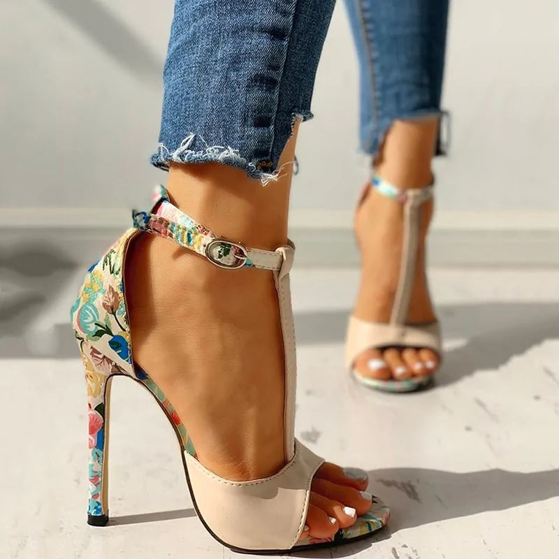 Sandalias de Tacón Alto con Estampado Floral - High Trend Coture