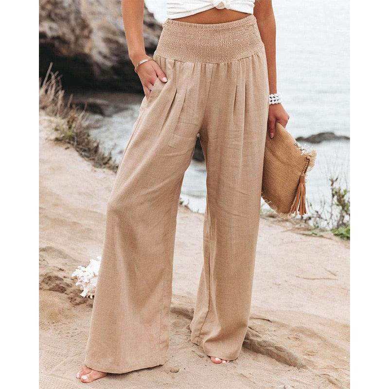 Pantalon de lino largo con bolsillos para mujer - High Trend Coture