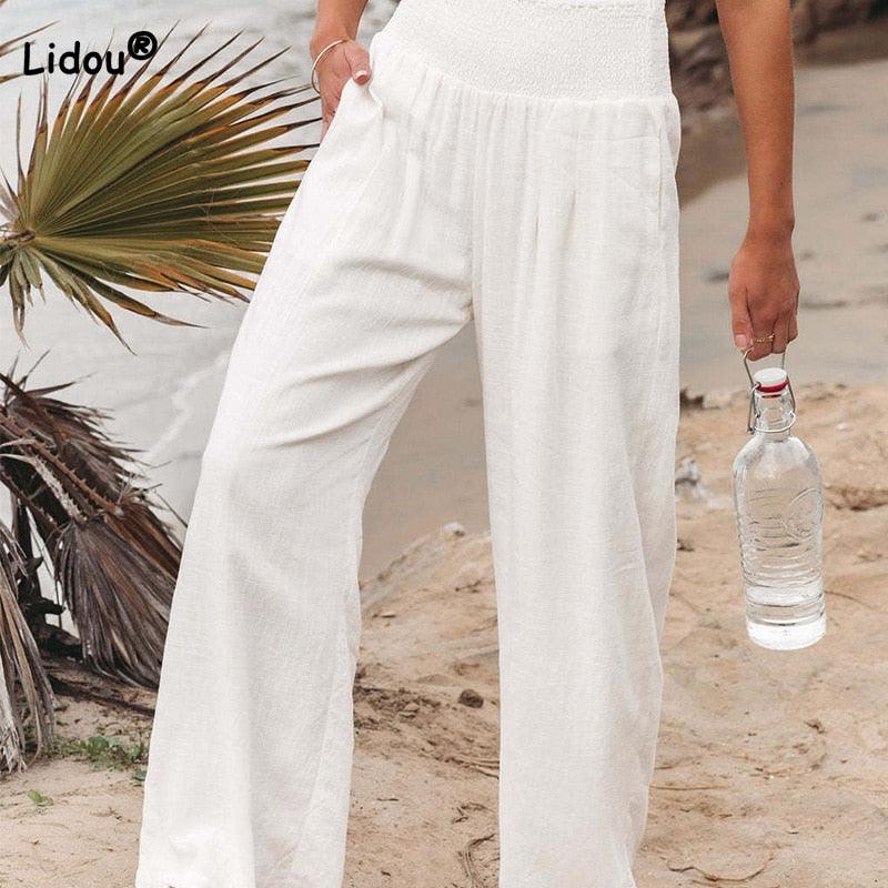 Pantalon de lino largo con bolsillos para mujer - High Trend Coture