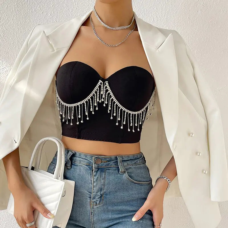 Top Bustier Negro con Pedrería Brillante - High Trend Coture