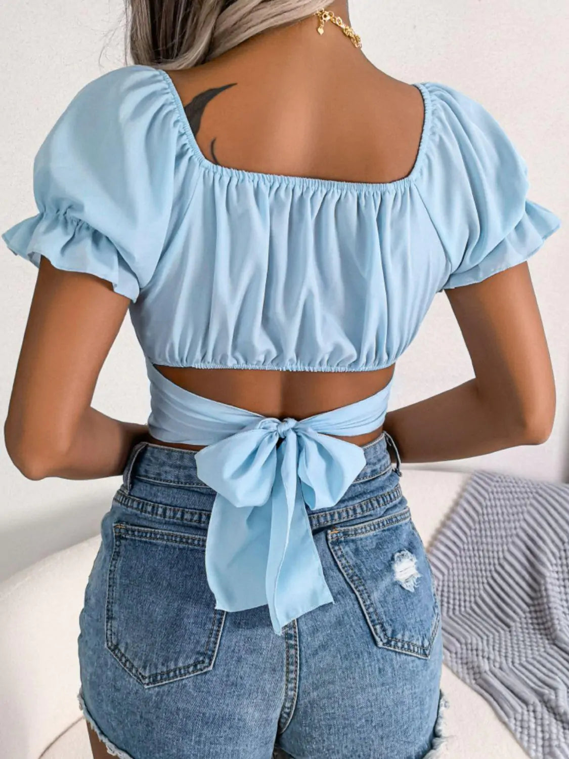 Short Sleeve Crop Top with Ruffles and Square Neck