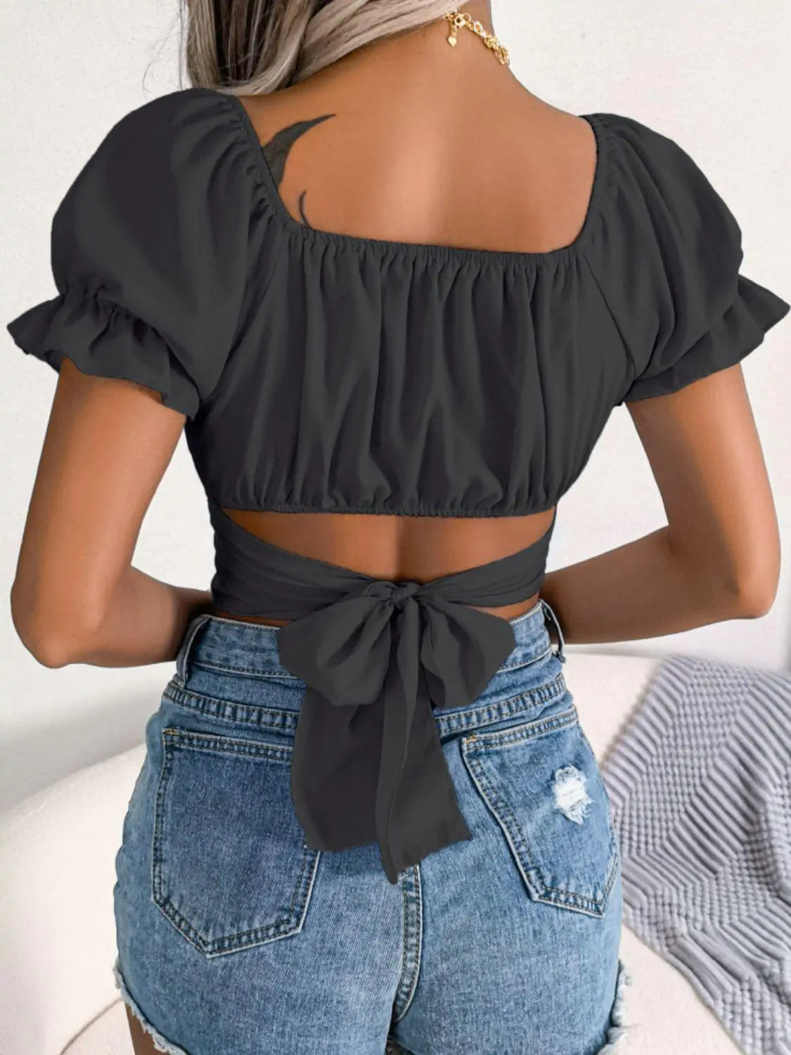 Short Sleeve Crop Top with Ruffles and Square Neck