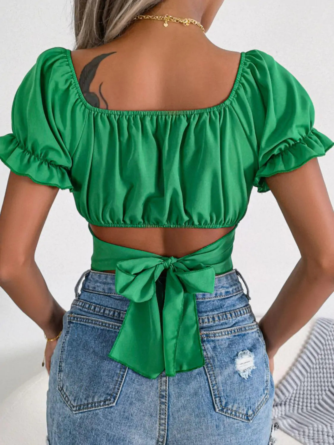 Short Sleeve Crop Top with Ruffles and Square Neck