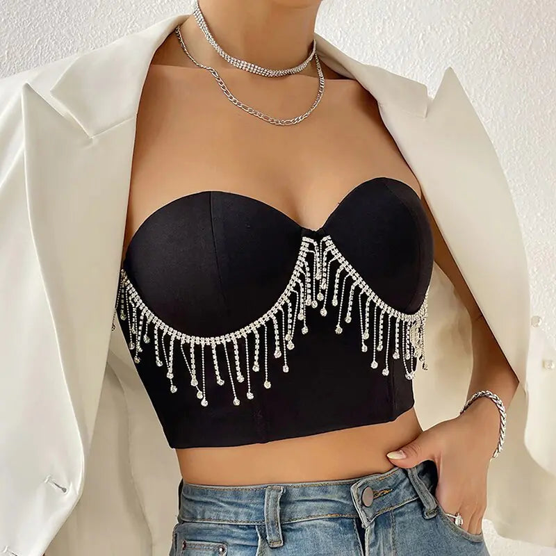 Top Bustier Negro con Pedrería Brillante - High Trend Coture