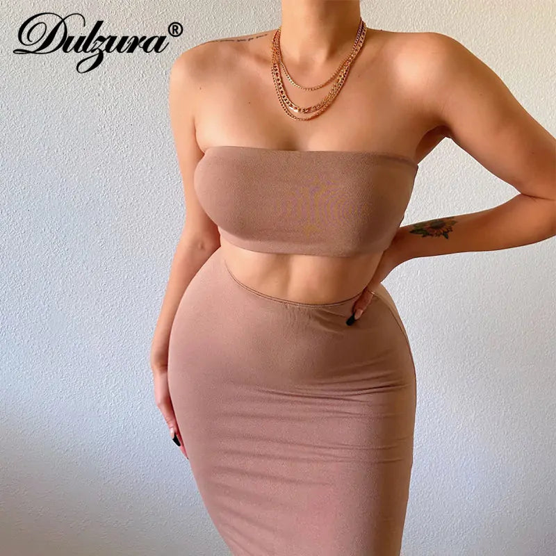 Conjunto de dos piezas mujer crop top y falda midi de tubo